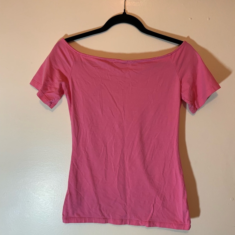 F21 Hot pink boat cotton spandex neck top with off the shoulder sleeves